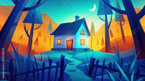 Step into a surreal world with this eerie 3Drendered house, where every corner tells a ghostly tale beneath the moonlight.