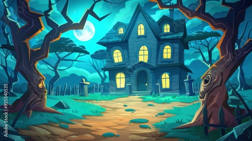 Step into a surreal world with this eerie 3Drendered house, where every corner tells a ghostly tale beneath the moonlight.
