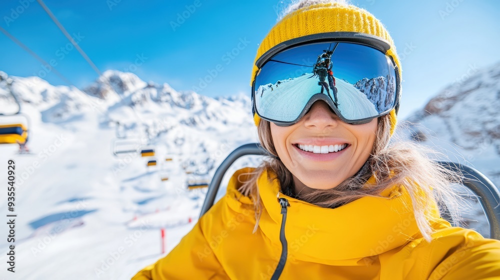 Happy woman in yellow ski gear taking a selfie on a ski lift with snow-covered mountains in the background under a clear blue sky. Happy woman in yellow ski gear taking a selfie on a ski lift with snow-covered mountains in the background under a clear blue sky.