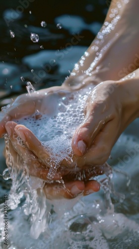 Cupped hands hold clear blue water, capturing mid-splash droplets against a dark blue backdrop hinting at water or sky.