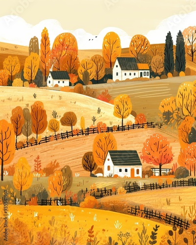 Autumn and Fall Themes, vintage autumnal scene in the countryside, flat design illustration