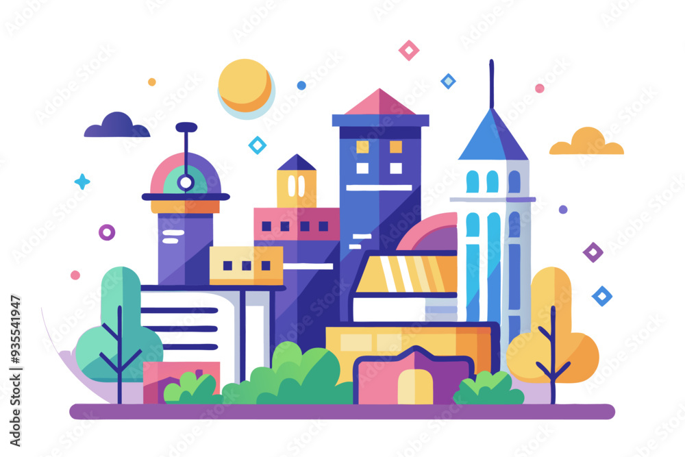 Fototapeta premium Colorful Cityscape with Geometric Buildings and Trees