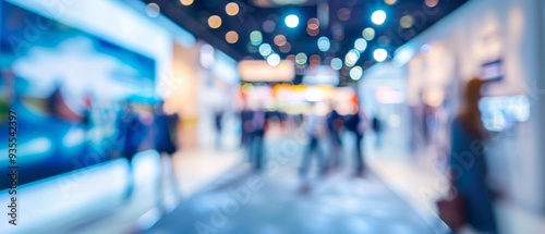 A vibrant trade show scene with a dynamic crowd moving among colorful stalls. Blues, whites, grays, reds, and blacks blur together, creating a tech-focused atmosphere.