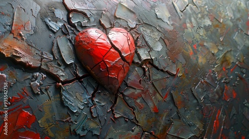 A digital painting with a red heart surrounded by cracked textures on a multicolored background induces nostalgia and sadness with dramatic colors. photo