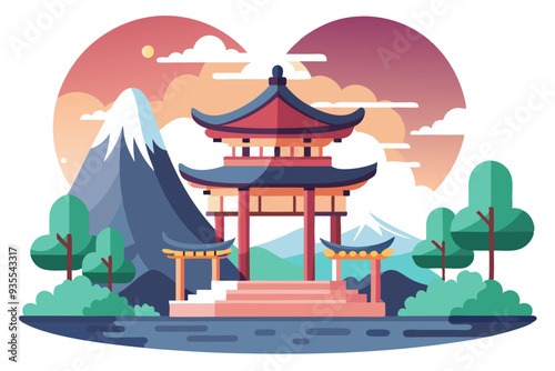 Traditional Japanese Pagoda with Mountain and Sunset Landscape