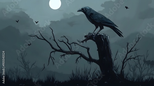 Raven on a Dead Tree in a Foggy Forest at Night