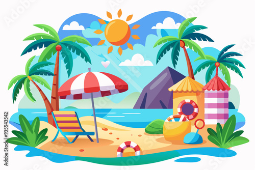 Idyllic Beach Scene with Palm Trees, Beach Umbrella, and Lifeguard Stand