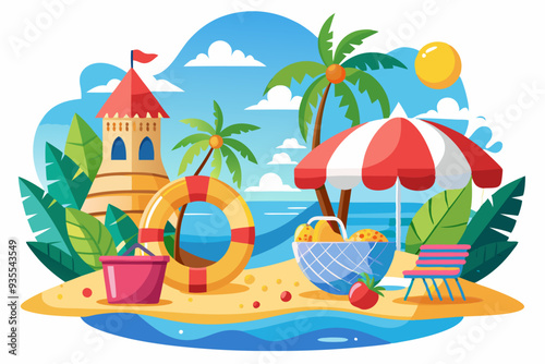 Tropical Beach Scene with Tower, Palm Trees, and Beach Umbrella