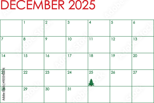 December month 2025 calendar. Simple design in red and green Christmas colors and a Christmas tree marking December 25th