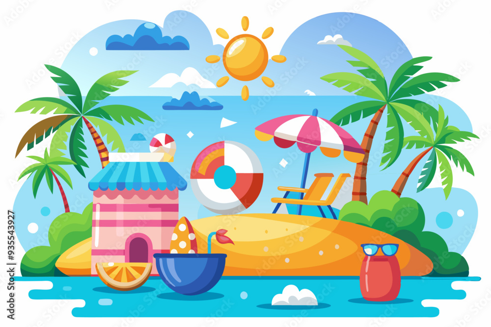 Obraz premium Idyllic Tropical Beach Scene with Palm Trees, Sun, and Beach Hut
