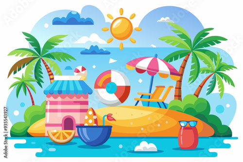 Idyllic Tropical Beach Scene with Palm Trees, Sun, and Beach Hut