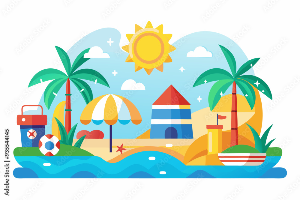 Obraz premium Idyllic Beach Scene with Palm Trees, Sandcastle, and Umbrella