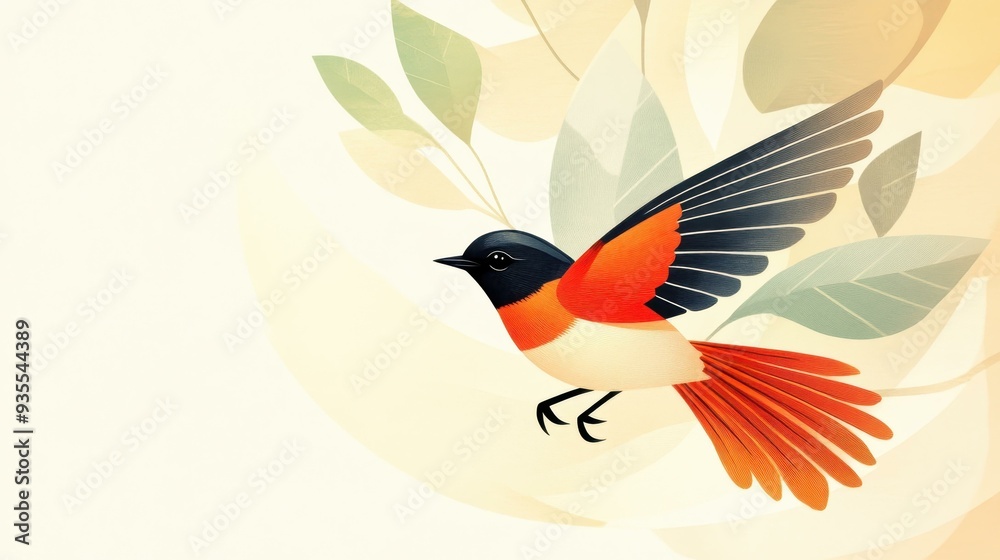 Obraz premium A vibrant male redstart soars through a tranquil forest, showcasing playful textures and bright colors in this modern art piece.