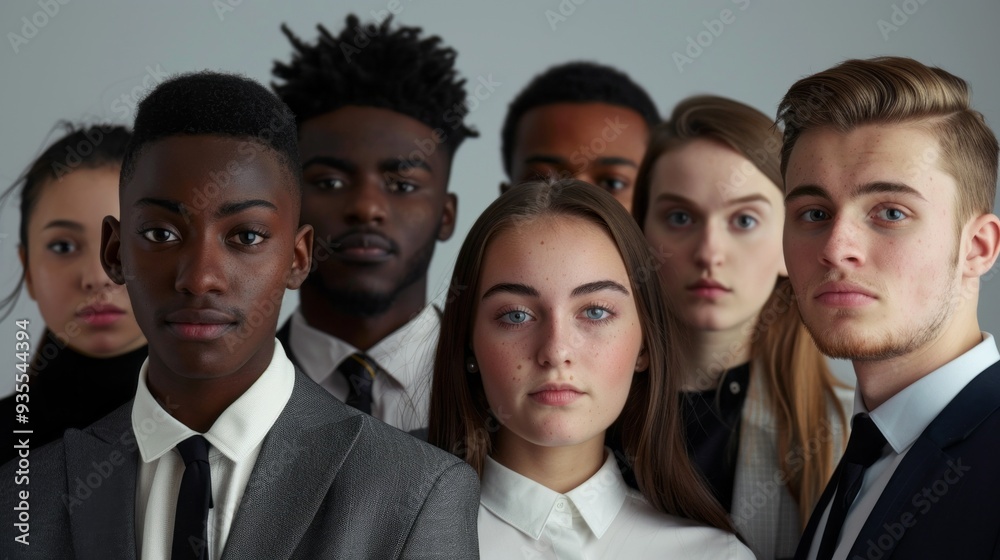 A diverse group of young adults in formal attire stands closely together indoors, looking confidently at the camera, showcasing their camaraderie and unity A diverse group of young adults in formal attire stands closely together indoors, looking confidently at the camera, showcasing their camaraderie and unity