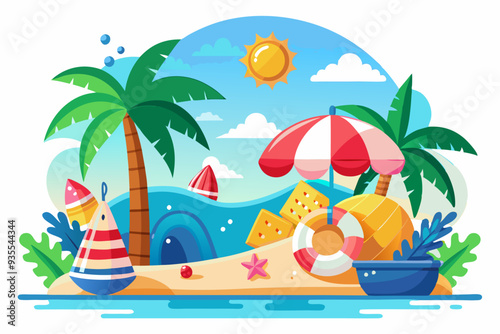 Tropical Beach Scene with Palm Trees, Sun, and Summer Activities