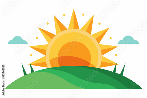 Sunrise Over Rolling Green Hills with Two Clouds