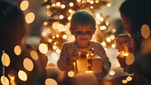 A little girl with a gift box in front of christmas lights, AI
