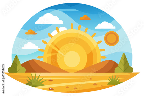 Sunset over a Yellow Landscape with Hills and Trees
