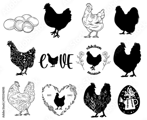 Hand drawn chicken linear illustration set, vector hand drawn isolated line art chicks, eggs and chicken 