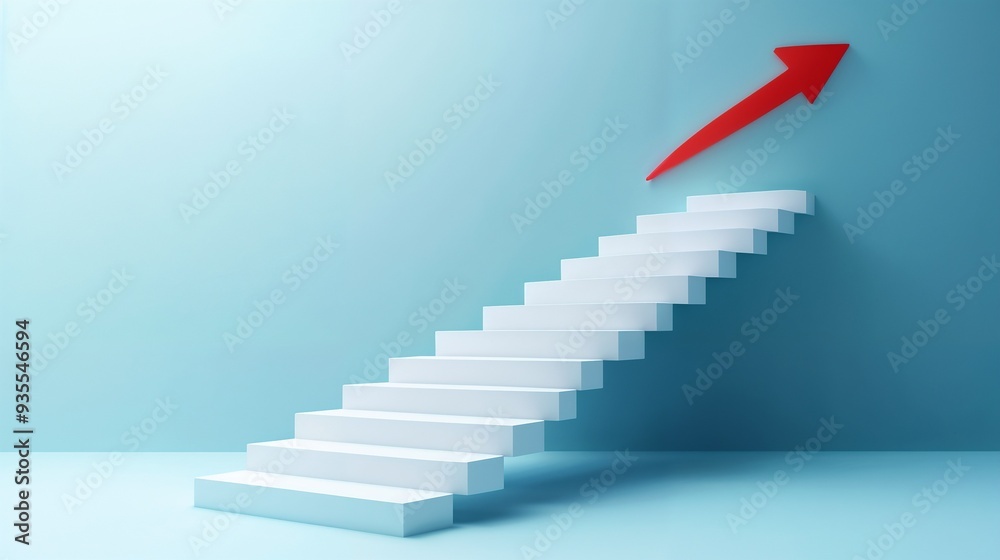 A beautiful white staircase with a striking red arrow pointing upward A beautiful white staircase with a striking red arrow pointing upward