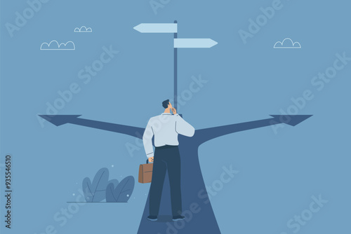 Business decisions or choices, Finding the right direction, Business opportunities or paths to success, Using vision to decide the path ahead, Businessman are choosing a business path. Vector design.