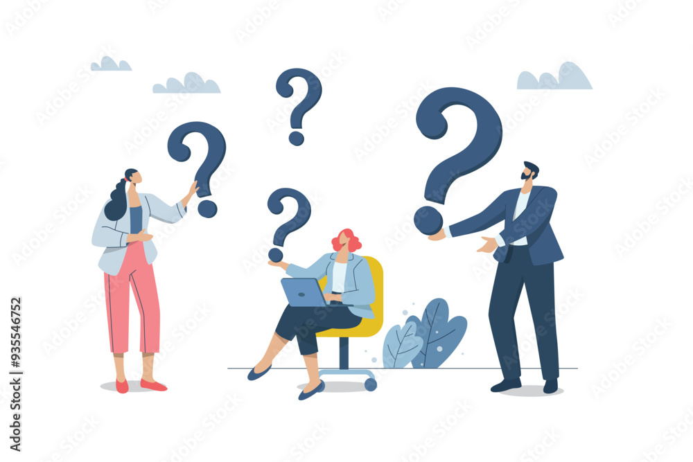 Business team with question marks and confused about the problem, Difficult questions or unsolved search concepts, Complex issues or misunderstandings about business approaches, An uncertain decision. Business team with question marks and confused about the problem, Difficult questions or unsolved search concepts, Complex issues or misunderstandings about business approaches, An uncertain decision.