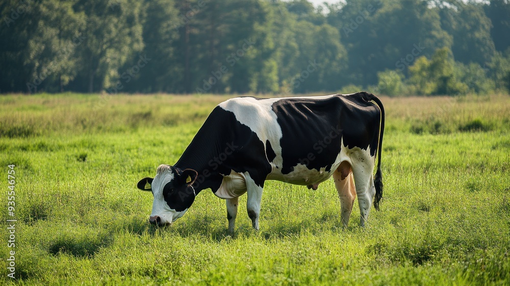 Black and White Cow Grazing in a Lush Meadow Black and White Cow Grazing in a Lush Meadow