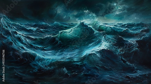 Abstract background of ocean waves with interweaving of various turquoise shades with dark aqua green color, abstract landscape