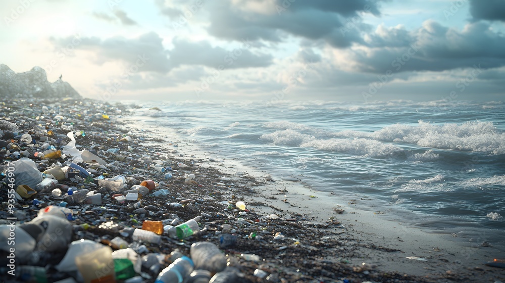 12. Render of a coastal area suffering from plastic waste and marine litter, affecting local wildlife, set against a clean background 12. Render of a coastal area suffering from plastic waste and marine litter, affecting local wildlife, set against a clean background