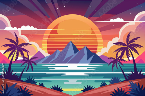 Sunset Over Mountains and Palm Trees on a Tropical Beach