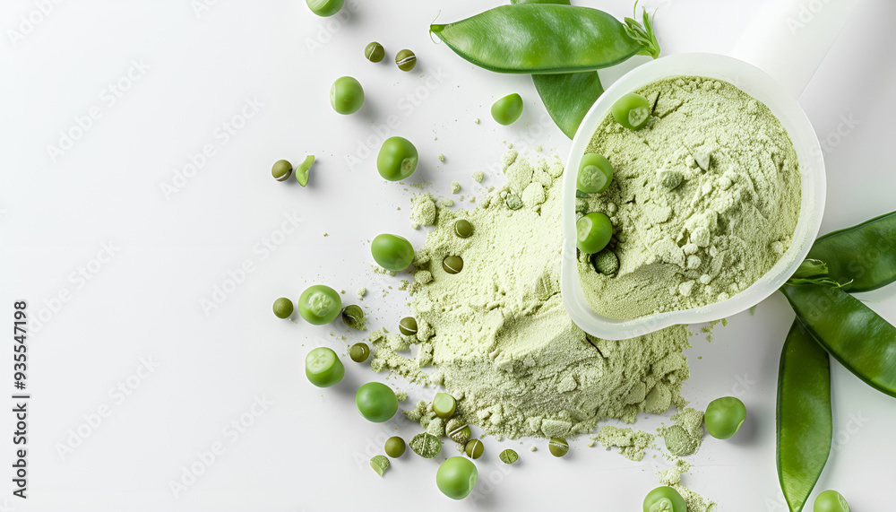 Obraz premium Plant base protein Pea Protein Powder in plastic scoop with fresh green Peas seeds on white Background