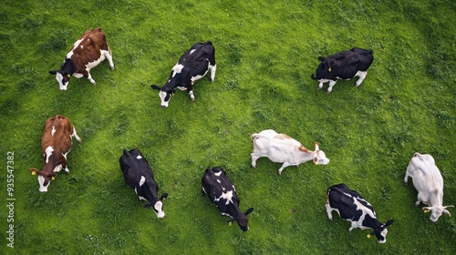 Fototapeta Naklejka Na Ścianę i Meble -  Aerial View of Cows Grazing in a Lush Green Pasture