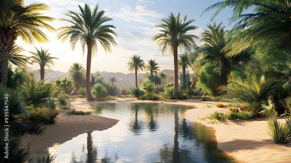 Fototapeta premium 22. 3D visualization of a tranquil desert oasis with palm trees and a reflective water pool, rendered on a clear background