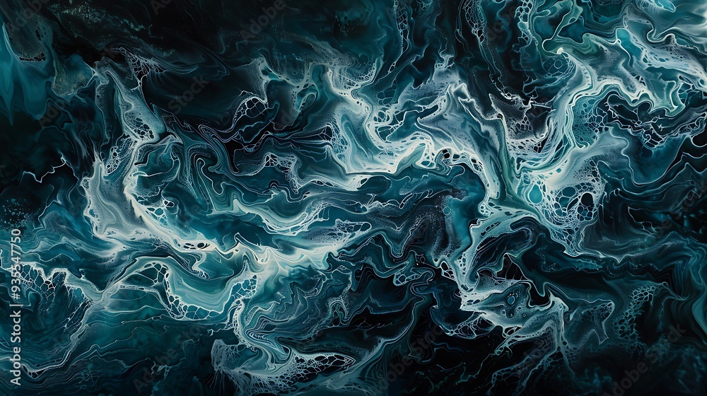 Obraz premium Abstract background of ocean waves with interweaving of various turquoise shades with dark aqua green color, aerial view, abstract landscape