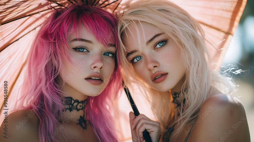 Obraz premium Two chicks one crazy chick with weird pink hair and paper parasol umbrella : Generative AI