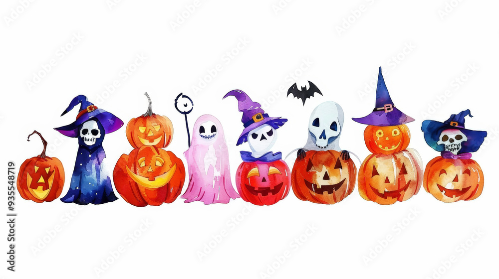 Aesthetic halloween watercolor mockup with pumpkins, ghosts, skeletons, pastel light colors and backdrop. Generative AI Aesthetic halloween watercolor mockup with pumpkins, ghosts, skeletons, pastel light colors and backdrop. Generative AI