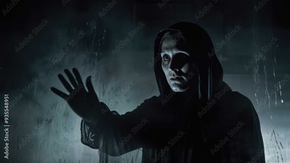Heavily blurred shadow figure with an indistinct face, emerging from behind frosted glass, creating a gender-ambiguous and eerie horror scene. Heavily blurred shadow figure with an indistinct face, emerging from behind frosted glass, creating a gender-ambiguous and eerie horror scene.