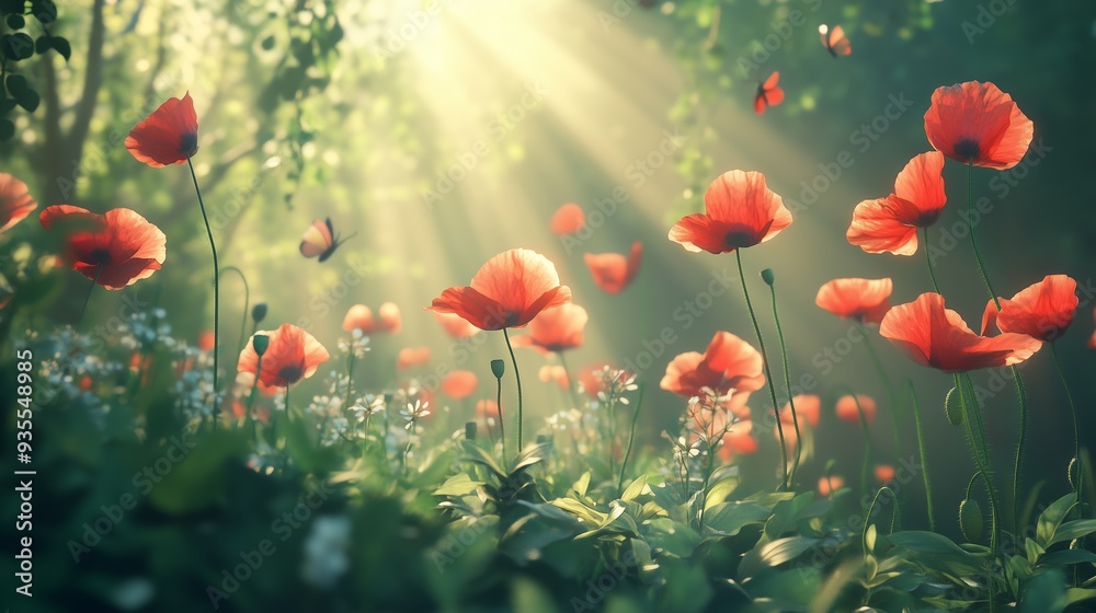 Obraz premium Vibrant red poppies dance in the breeze, surrounded by greenery and fluttering butterflies, celebrating spring.