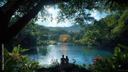 Serene Garden of Eden with Adam and Eve by a River