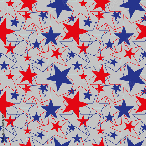 Stars Seamless Pattern. Vector seamless pattern of blue and red stars on a gray background. USA Stars