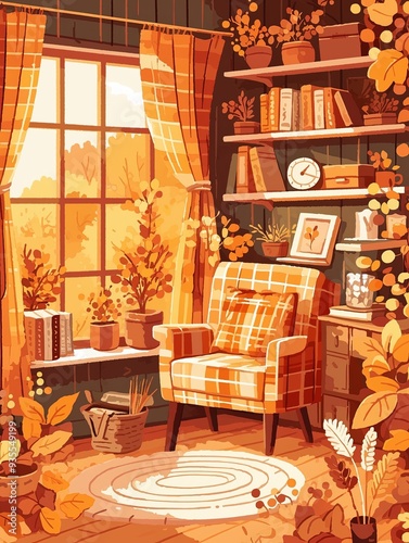 Autumn and Fall Themes, cozy autumnal decorations in rural home, flat design illustration