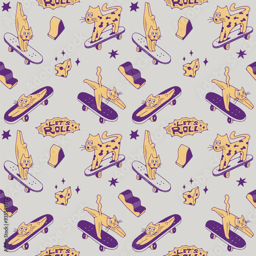 Hand-drawn Cute Cat Skateboarding Seamless Vector Pattern