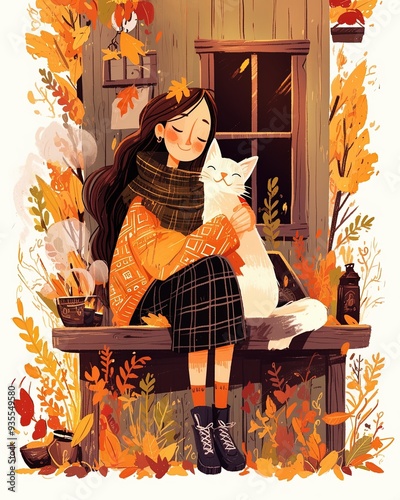 Autumn and Fall Themes, comforting autumn evening by the fire, flat design illustration