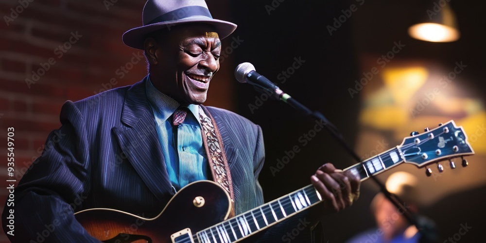 Obraz premium Man in suit plays guitar on stage.