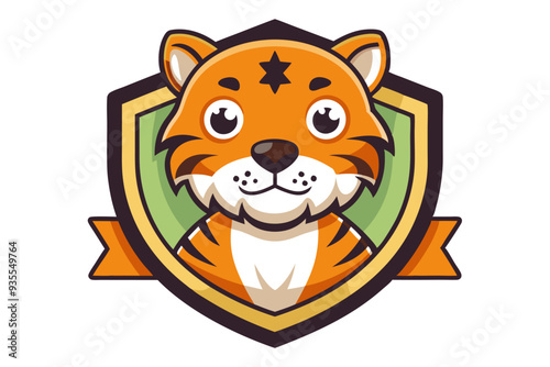 Cartoon Tiger Mascot with a Star on Its Forehead Inside a Shield with an Orange Banner