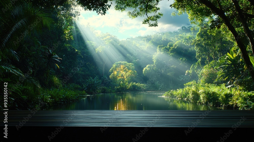 Serene Tropical Landscape with Sunlit Tree Reflected in Lake Serene Tropical Landscape with Sunlit Tree Reflected in Lake