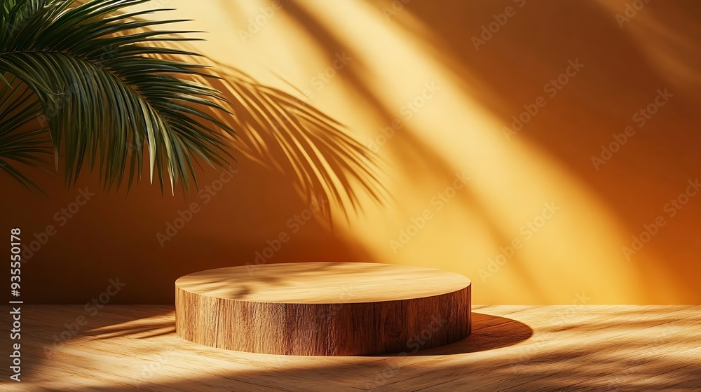 Wooden cut podium on orange background with palm tree shadow Stand for the presentation of beauty products cosmetics : Generative AI Wooden cut podium on orange background with palm tree shadow Stand for the presentation of beauty products cosmetics : Generative AI
