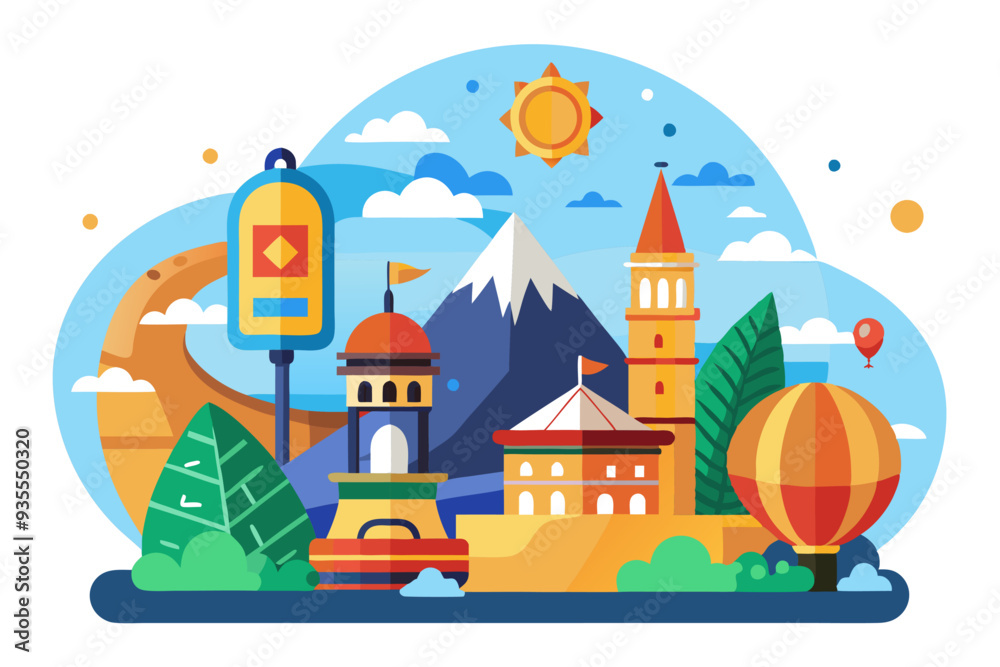 Fototapeta premium A Colorful Cartoon Cityscape with Hot Air Balloons