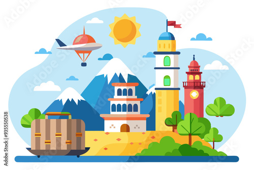 Travel Illustration with Airplane, Mountains, Towers, and Luggage