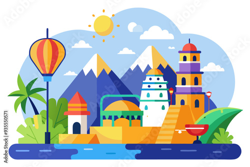 Colorful Cityscape with Mountains, Buildings, and a Hot Air Balloon